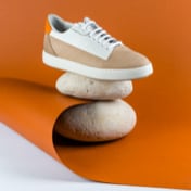 Image of single tan shoe balanced on top of two stacked rocks