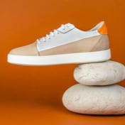 Image of single tan shoe balanced with only heel on top of two stacked rocks
