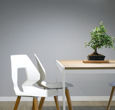 A white chair next to a wood table with a small potted tree.
